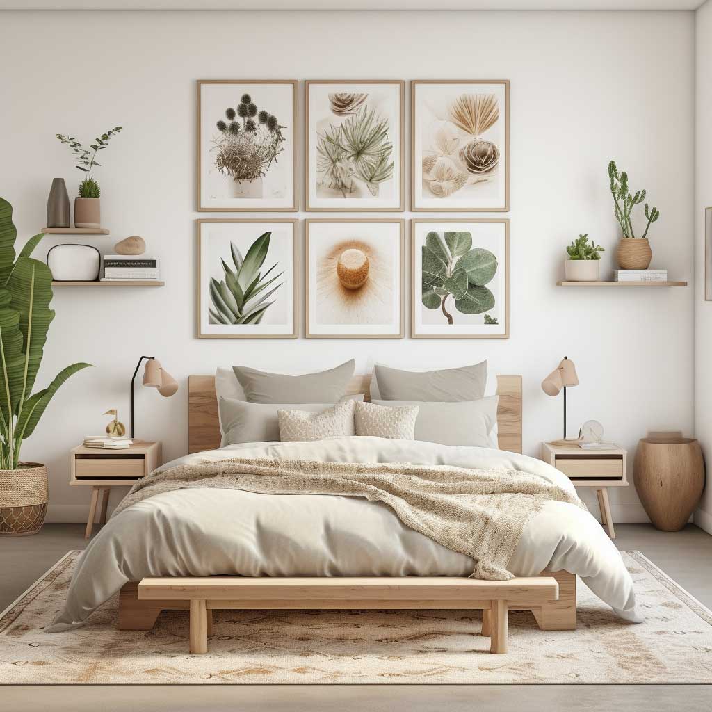 A Scandinavian styled bedroom with indoor plants, nature-inspired artworks, and neutral color scheme.