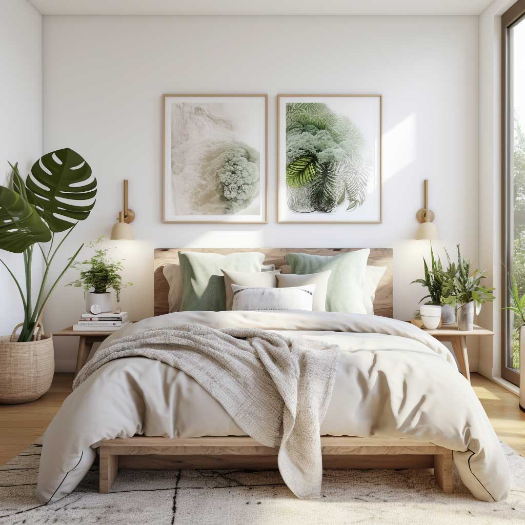 A Scandinavian styled bedroom with indoor plants, nature-inspired artworks, and neutral color scheme.