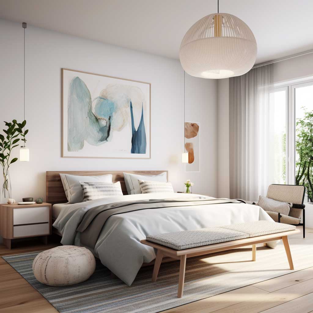 A modern Scandinavian bedroom, highlighting a vibrant accent color amidst a neutral palette, clean lines, and contemporary lighting fixtures.