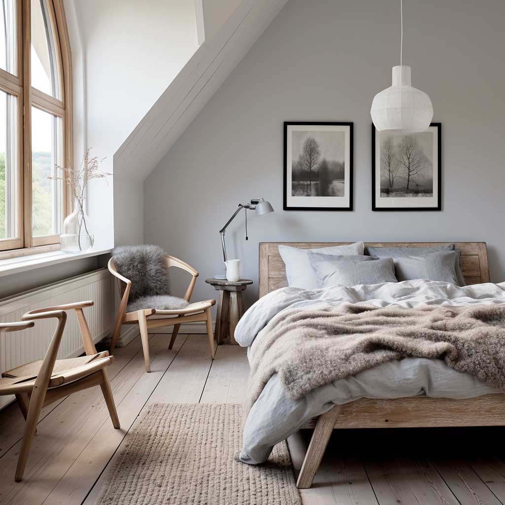 A peaceful Scandinavian bedroom with a cool color palette, rustic wooden furniture, and soft natural lighting.