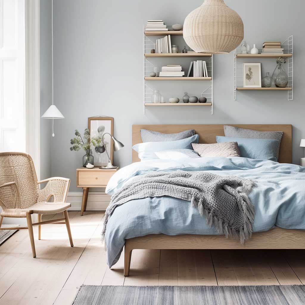 A peaceful Scandinavian bedroom with a cool color palette, rustic wooden furniture, and soft natural lighting.