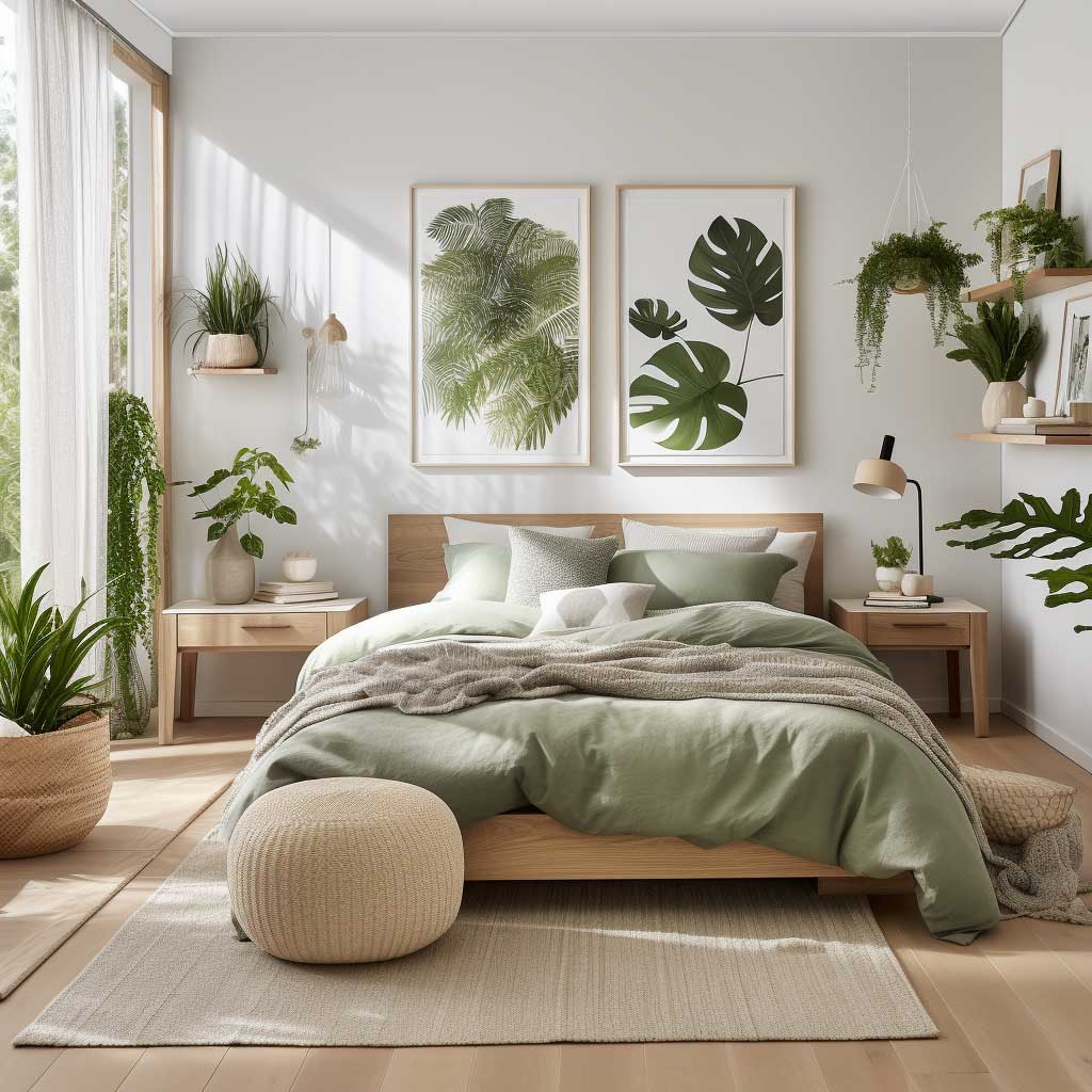 A Scandinavian styled bedroom with indoor plants, nature-inspired artworks, and neutral color scheme.