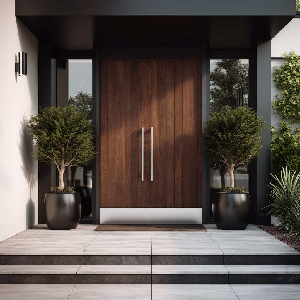 A house entrance design showcases balance and symmetry, with two potted plants on either side of a sleek, wooden door.