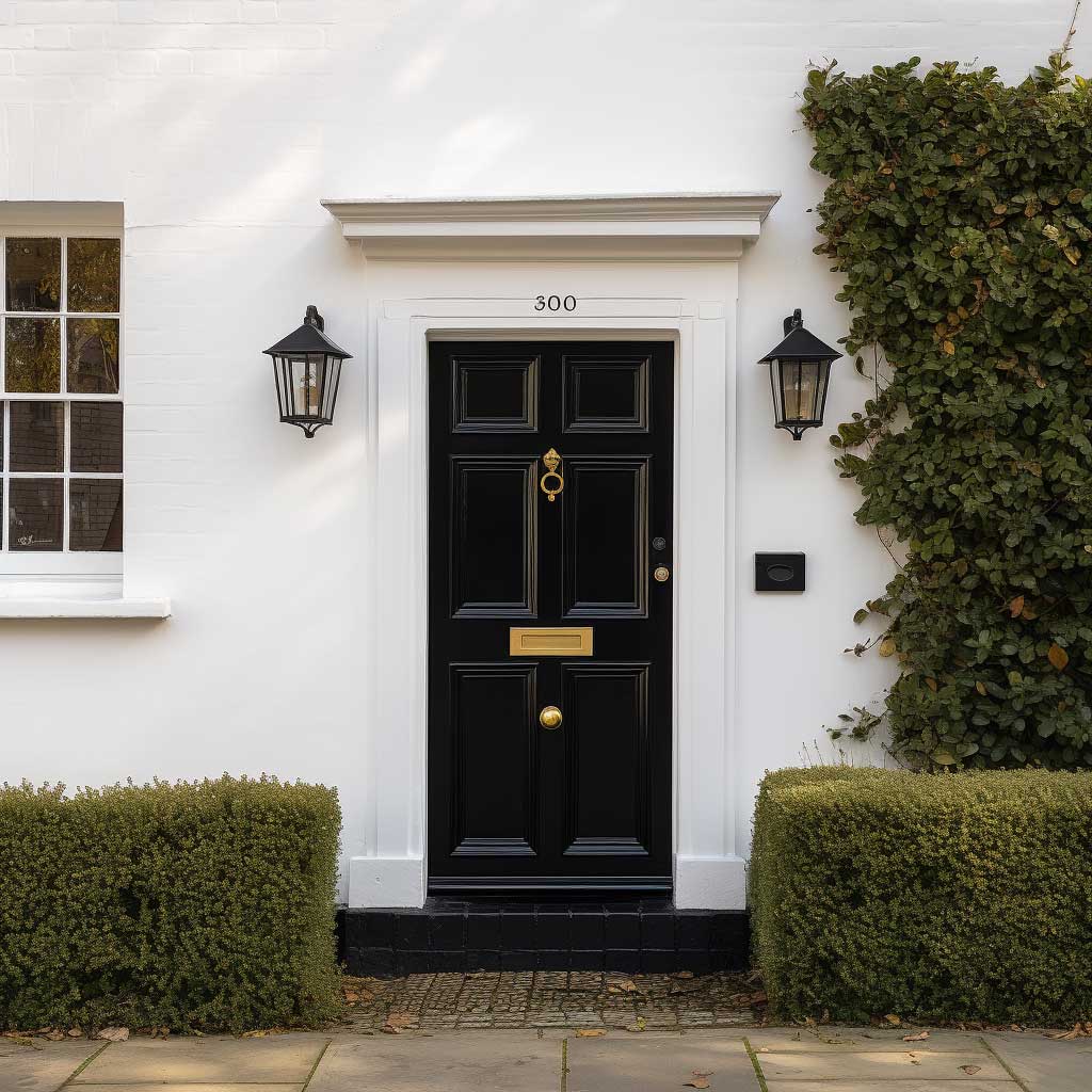 A simple house entrance featuring a black vintage-style door with a brass knocker and handle, surrounded by a white exterior.