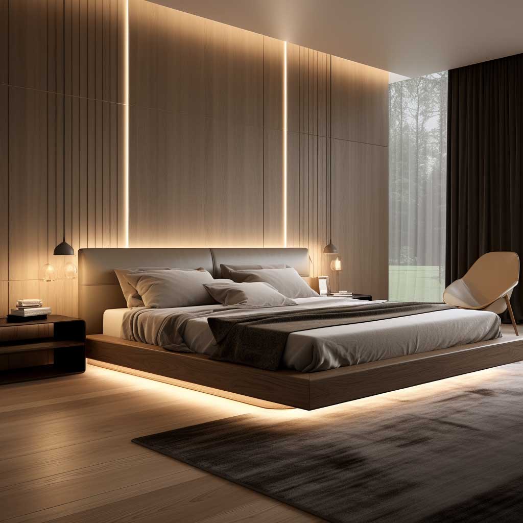 A tastefully furnished bedroom with a simple, sleek LED panel design serving as the primary light source.