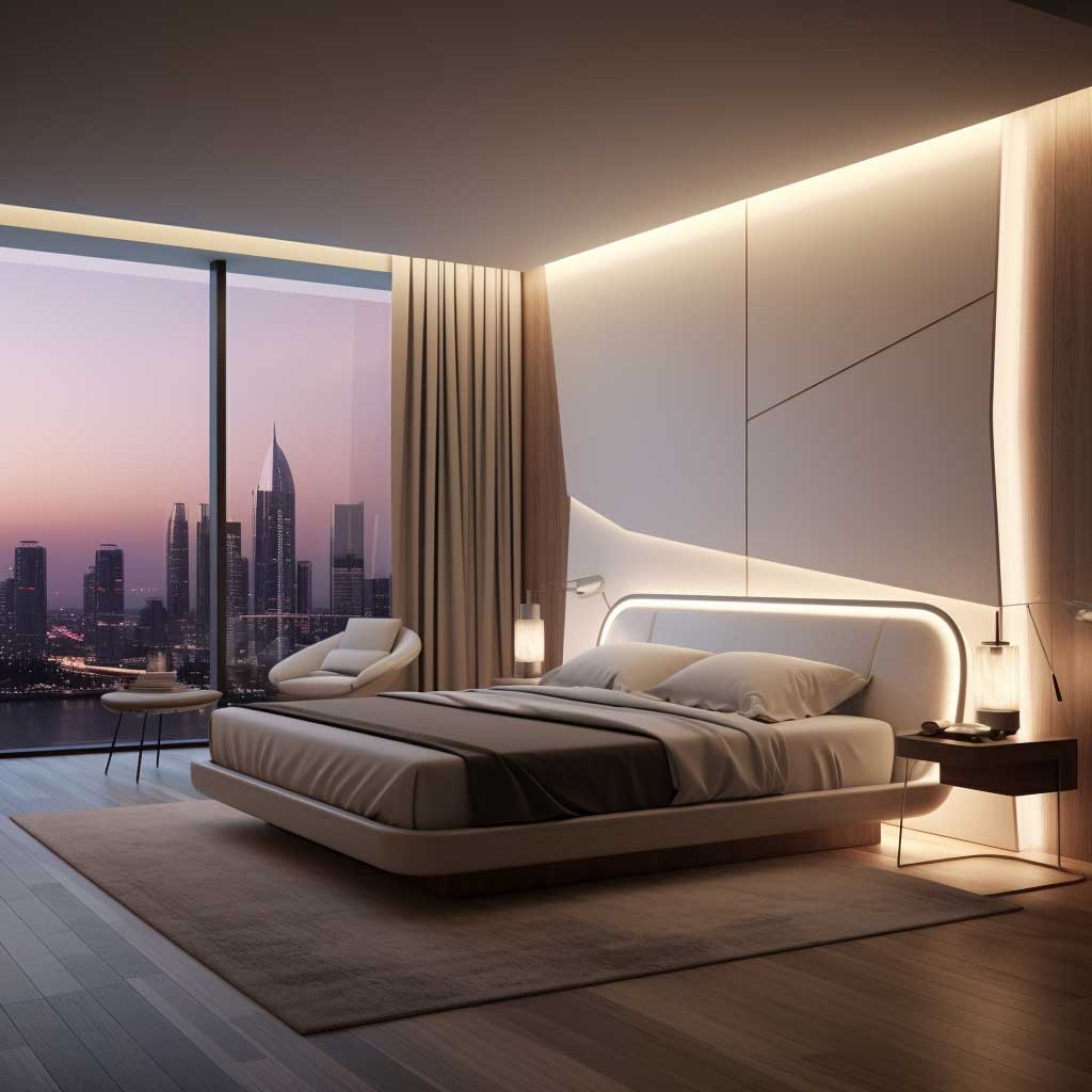 A tastefully furnished bedroom with a simple, sleek LED panel design serving as the primary light source.
