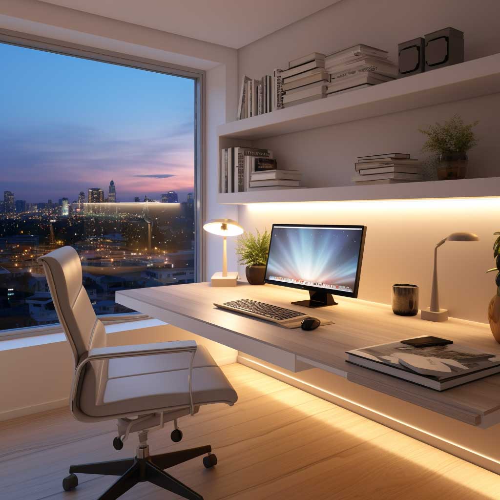 A modern, well-lit home office showcasing a practical yet aesthetically pleasing simple LED panel design.