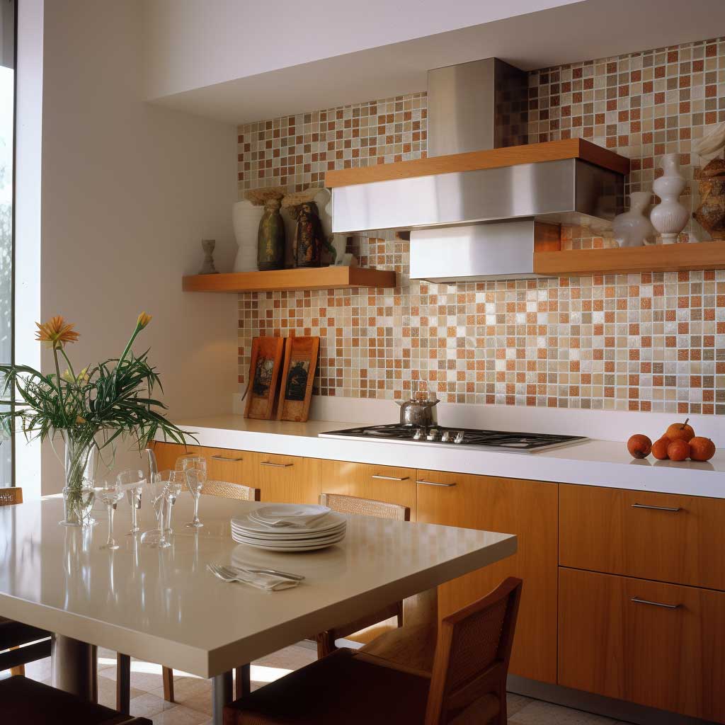 A kitchen wall displays an appealing blend of monochromatic mosaic tiles.