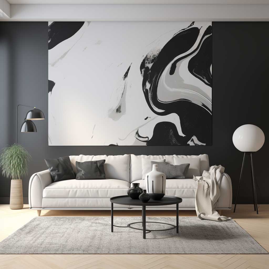 A photo of a modern living room accentuated by a single wall painted in a refined monochromatic design.