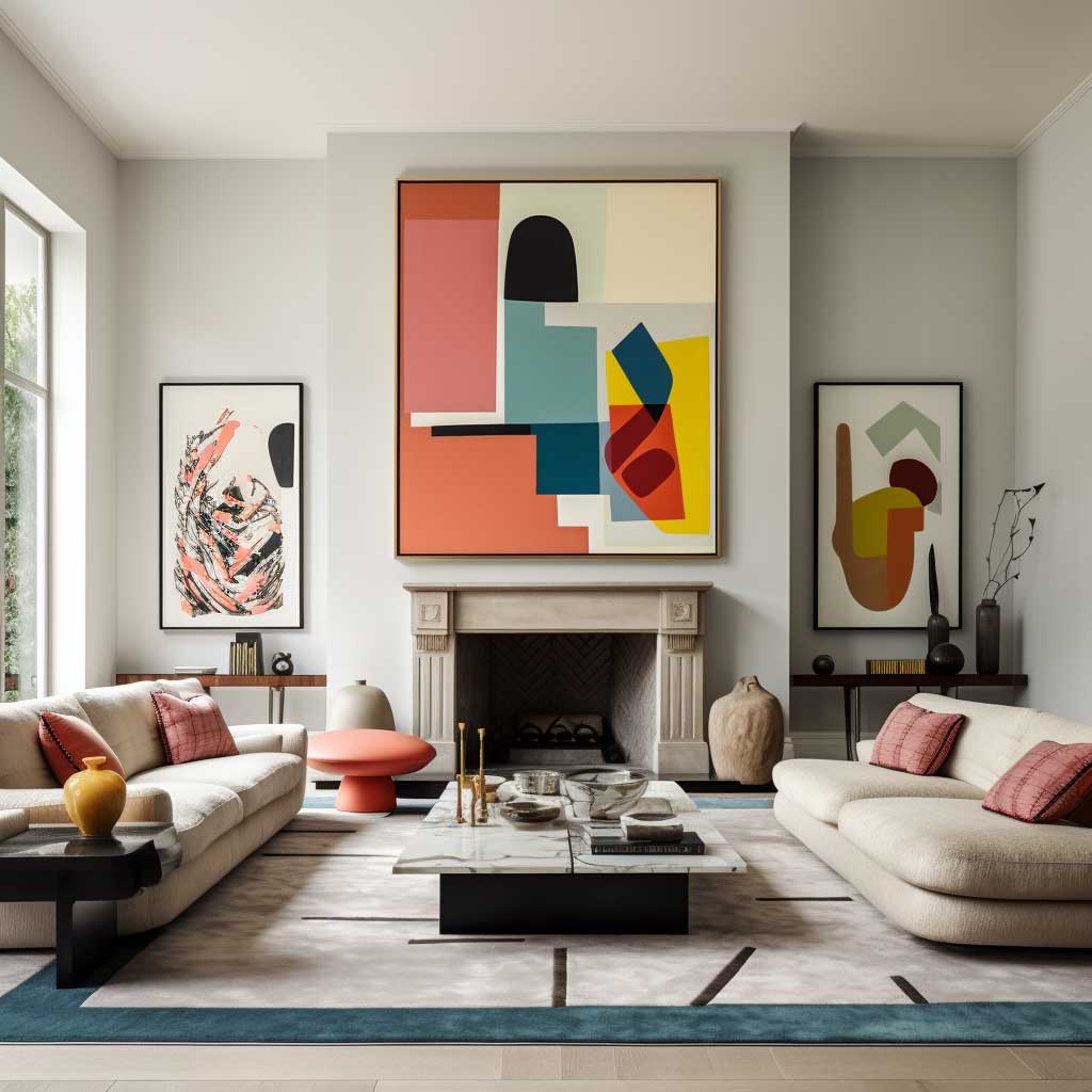 A snapshot of a chic living room boasting a wall with a color block painting design.