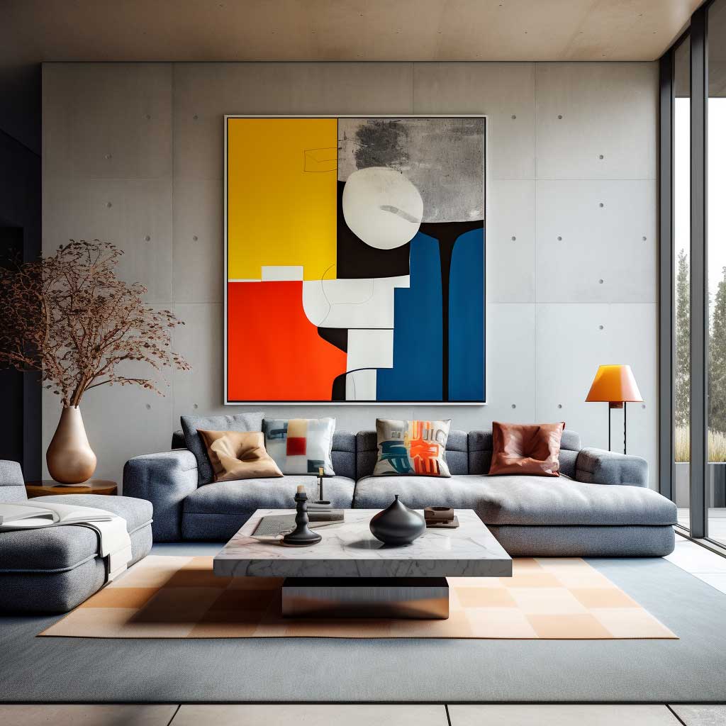A snapshot of a chic living room boasting a wall with a color block painting design.