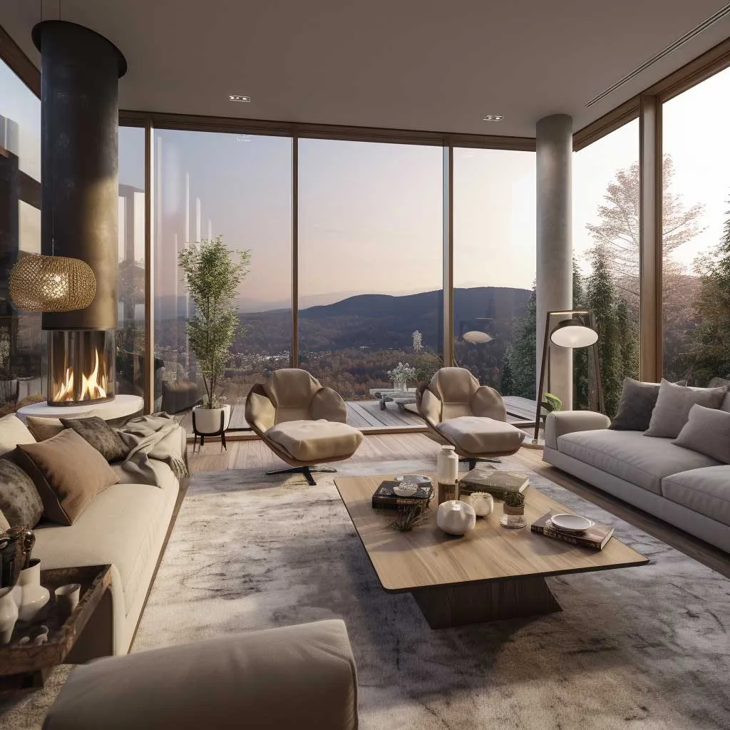 A small open-plan living room cleverly arranged to maximize space and emphasize the stunning window view.