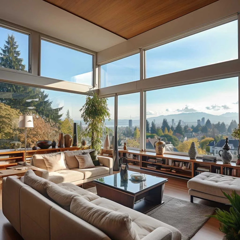 A small open-plan living room cleverly arranged to maximize space and emphasize the stunning window view.