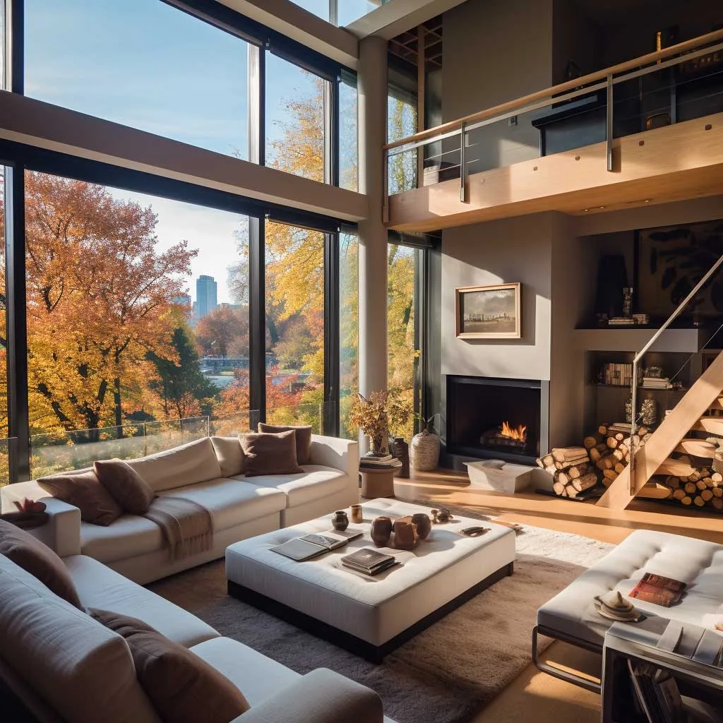 A small open-plan living room cleverly arranged to maximize space and emphasize the stunning window view.