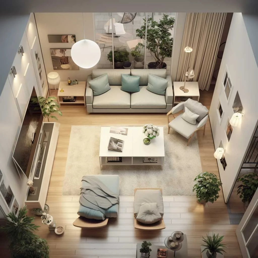 A small living room perfectly arranged with smart furniture choices and clear walkways.