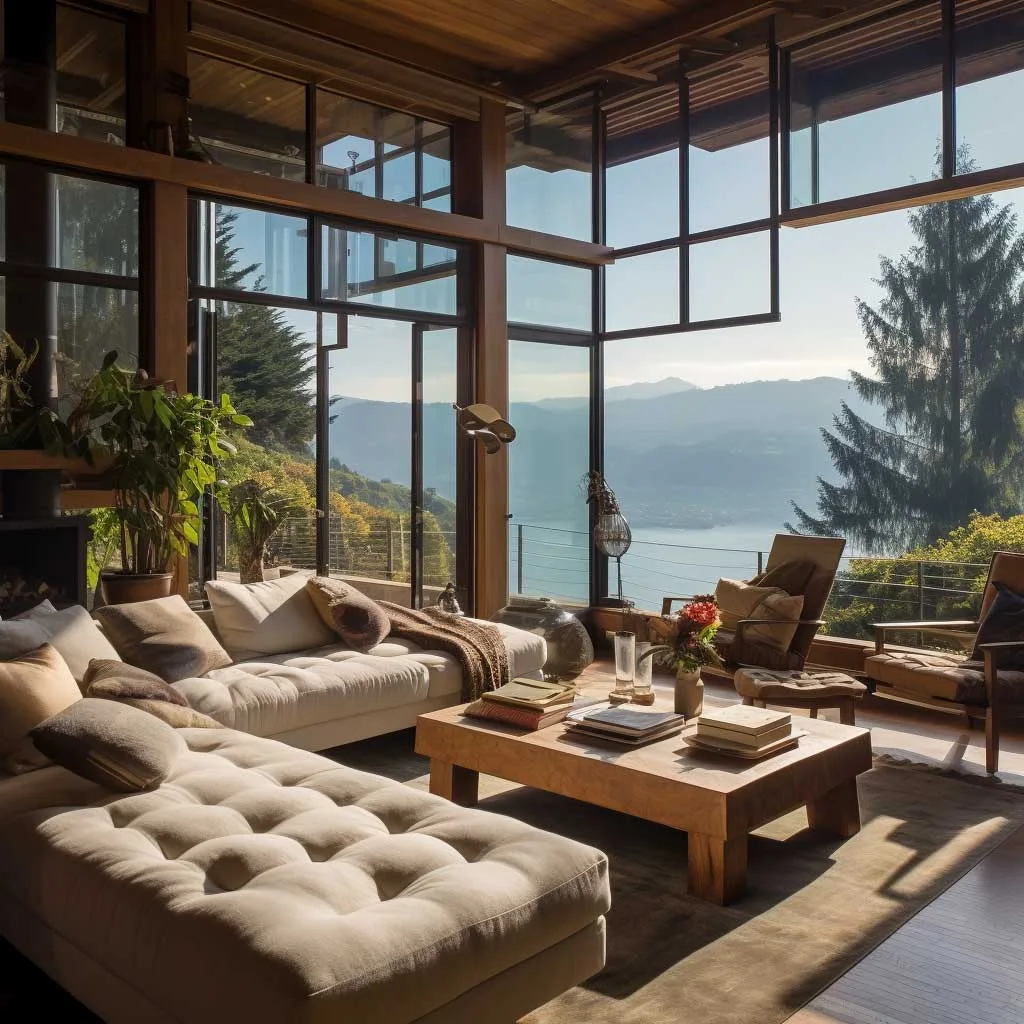 A small open-plan living room cleverly arranged to maximize space and emphasize the stunning window view.