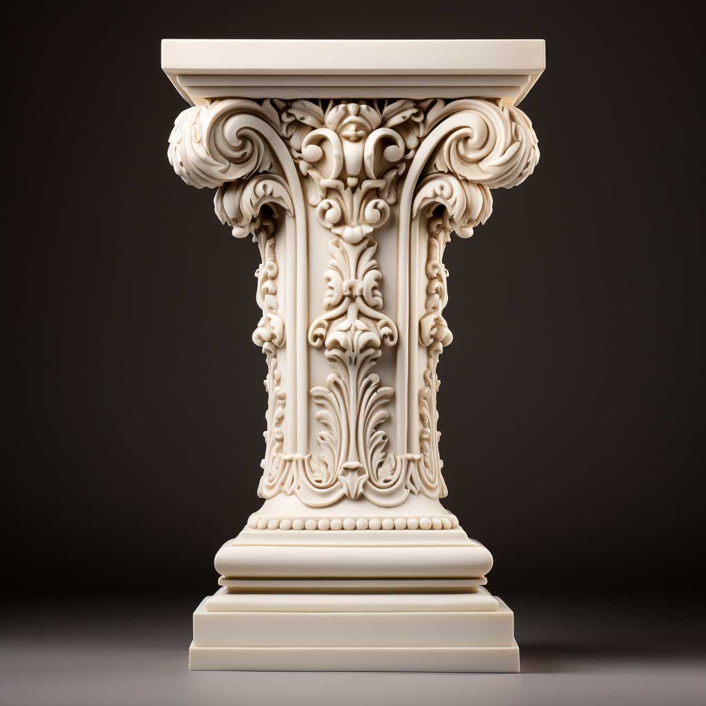 An ornate Corinthian-style square column cap and base in a classical architectural setting.