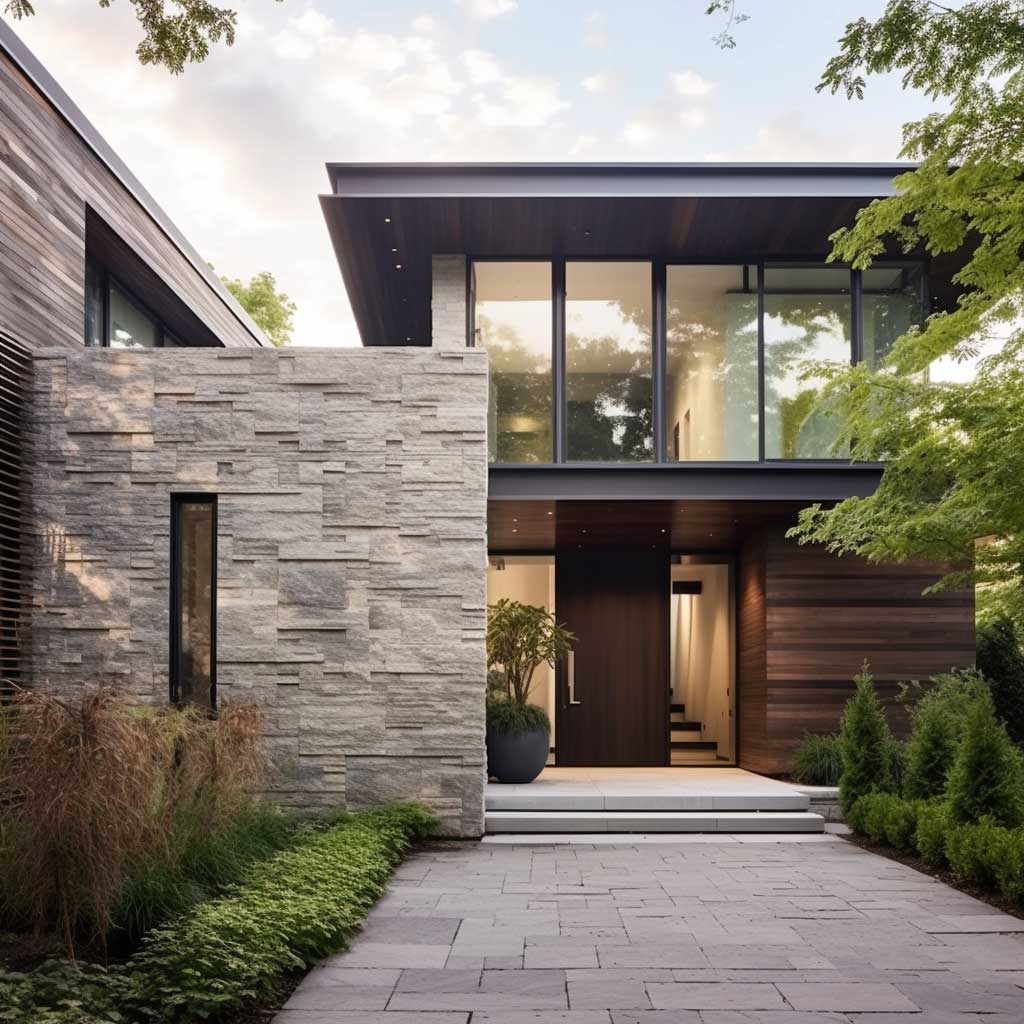 A contemporary house façade featuring a modern take on stone cladding for exterior walls.