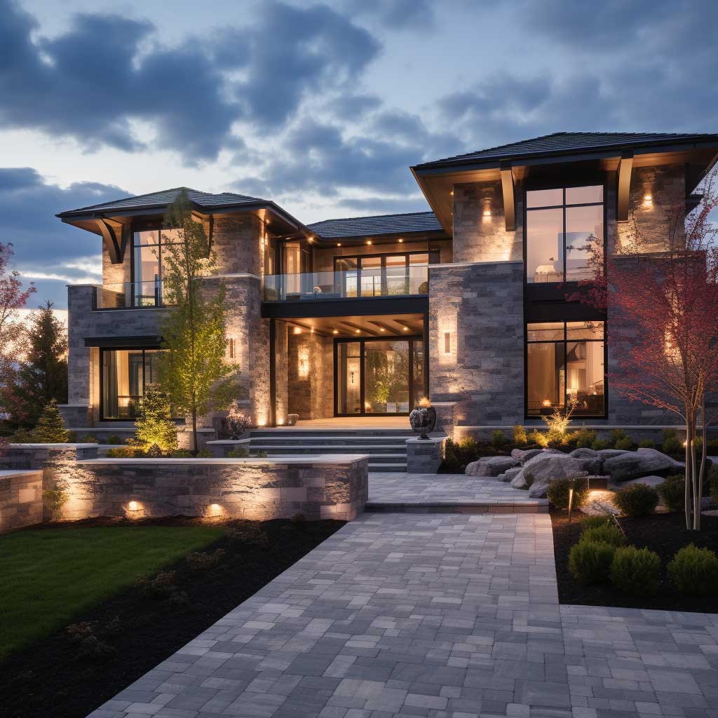 A lavish mansion featuring opulent stone cladding for exterior walls, under a serene twilight sky.