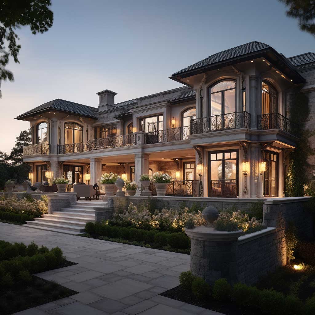 A lavish mansion featuring opulent stone cladding for exterior walls, under a serene twilight sky.