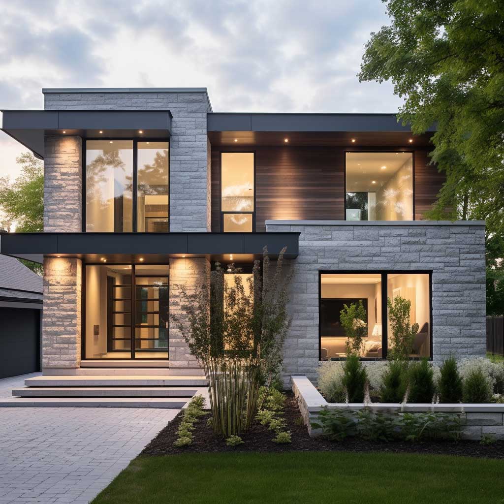 A contemporary house façade featuring a modern take on stone cladding for exterior walls.