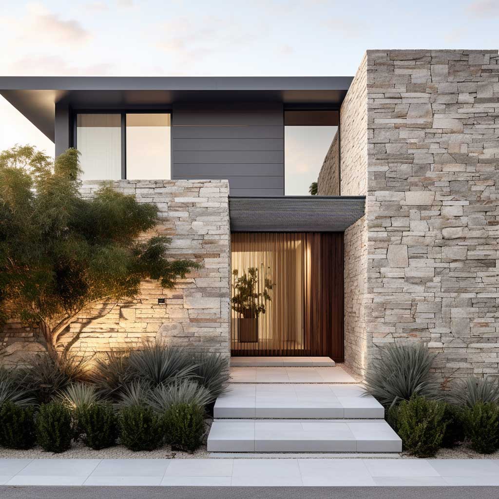 A contemporary house façade featuring a modern take on stone cladding for exterior walls.