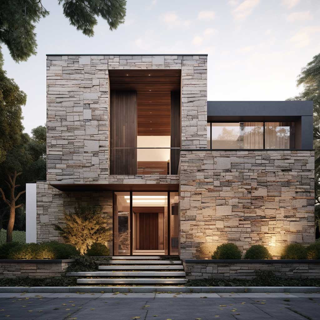 A contemporary house façade featuring a modern take on stone cladding for exterior walls.