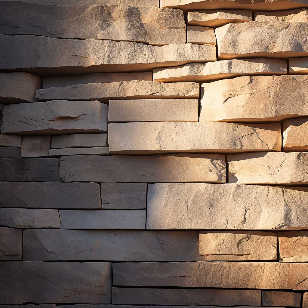 A detailed view of an exterior wall adorned with textured stone cladding, highlighted by soft sunlight.