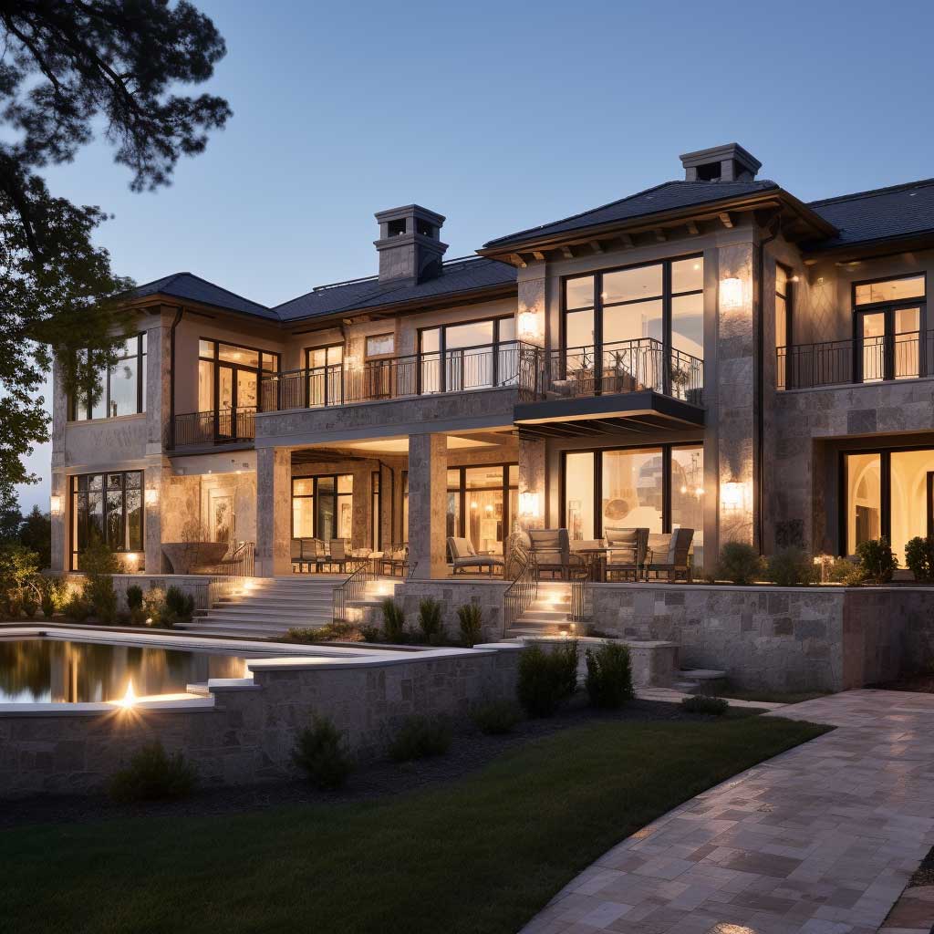 A lavish mansion featuring opulent stone cladding for exterior walls, under a serene twilight sky.