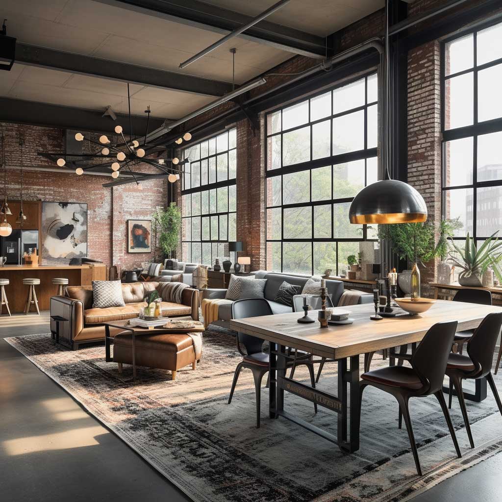 An urban loft space featuring exposed brick walls, large windows, and an open plan living and dining area with industrial-style decor.