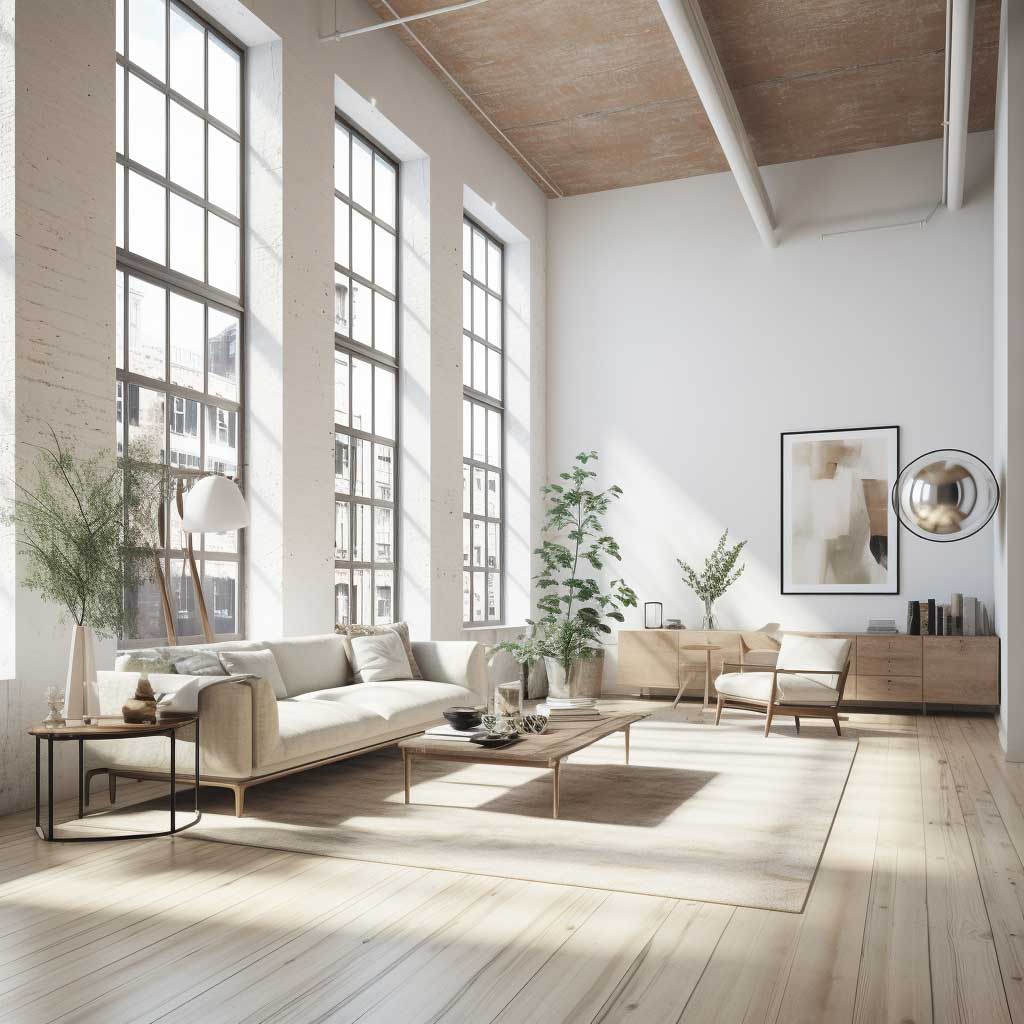 A minimalist urban loft space with Scandinavian design elements, featuring a neutral color palette, clean lines, and natural light.