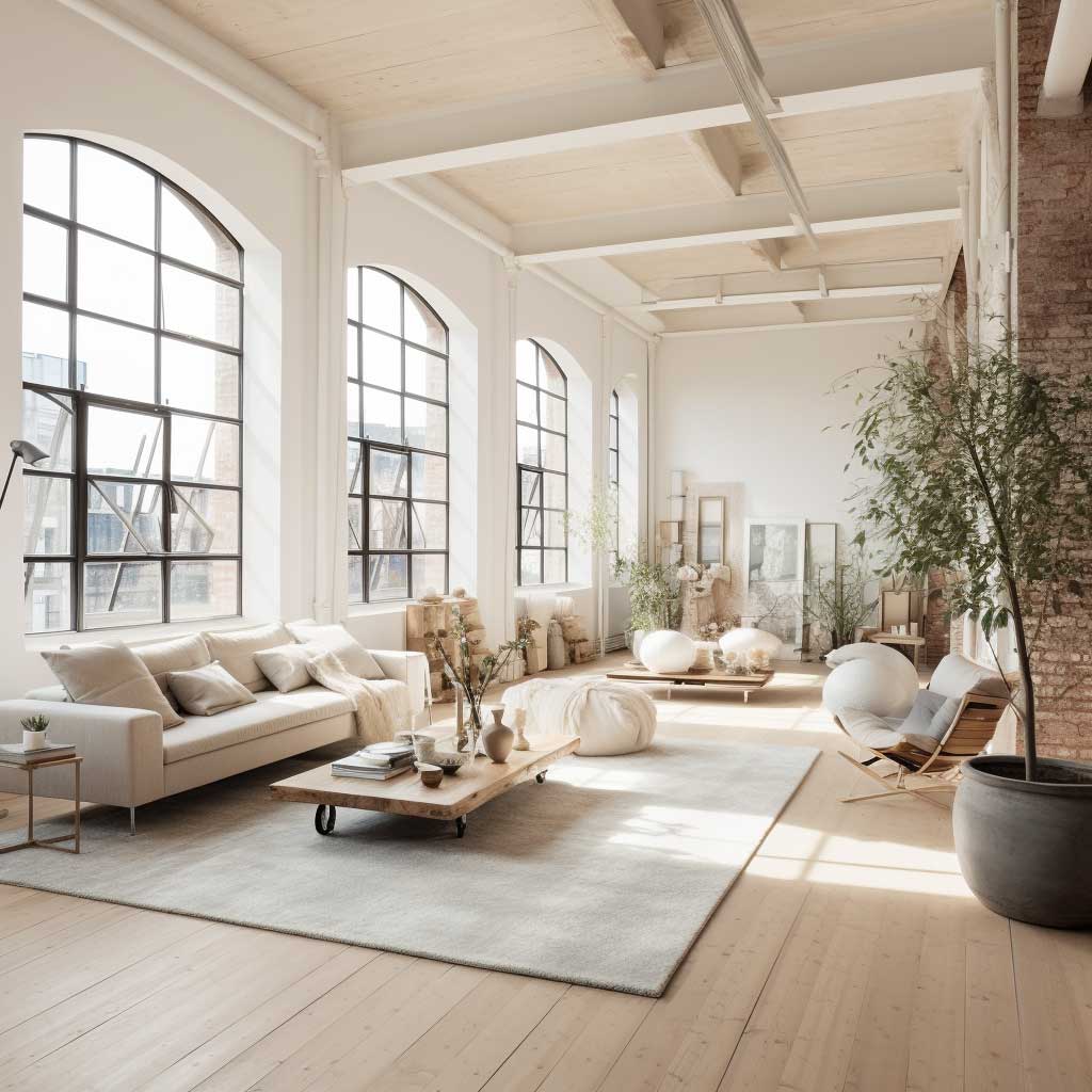 A minimalist urban loft space with Scandinavian design elements, featuring a neutral color palette, clean lines, and natural light.