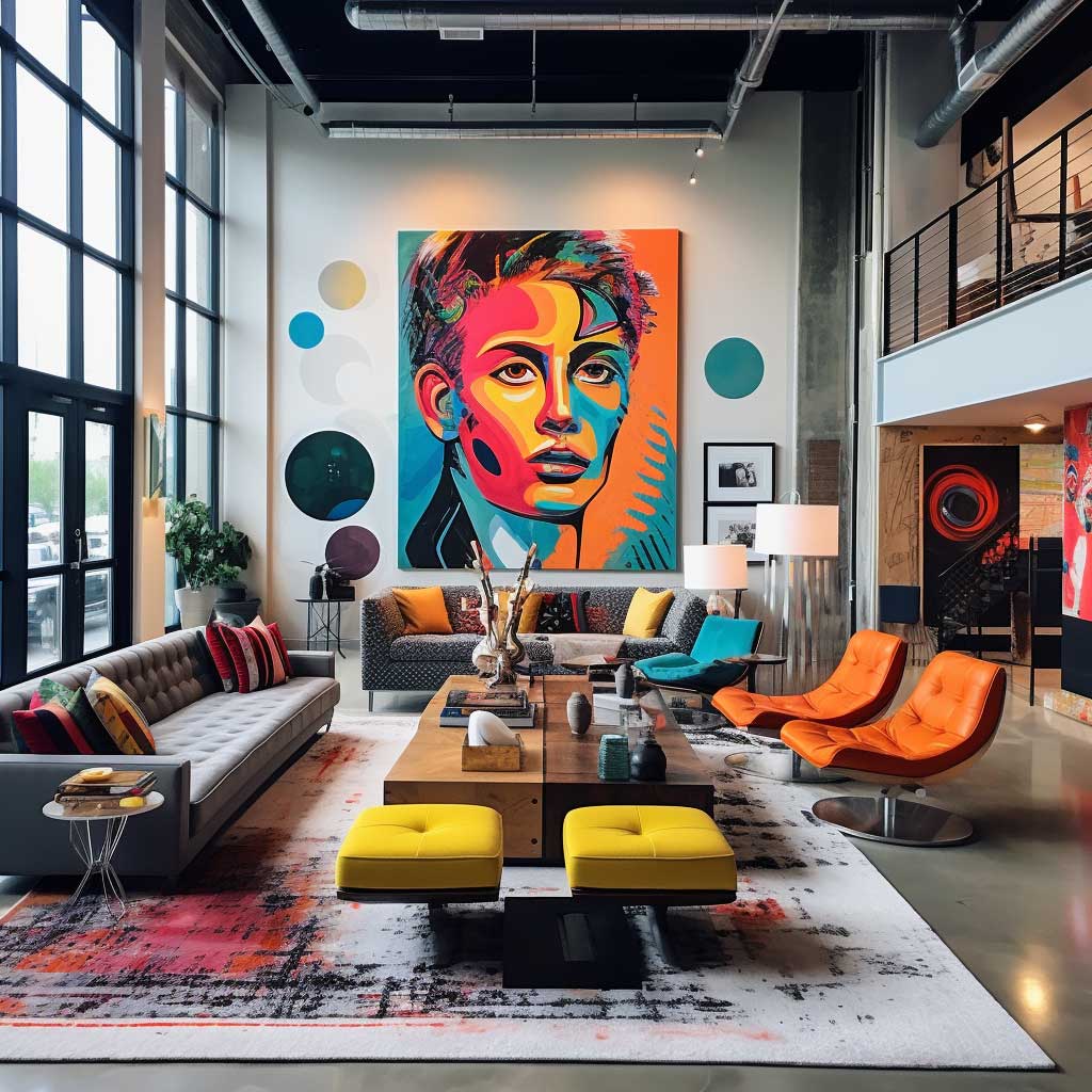 An eclectic urban loft space, featuring bold art pieces, colorful furniture, and a mix of textures and patterns.