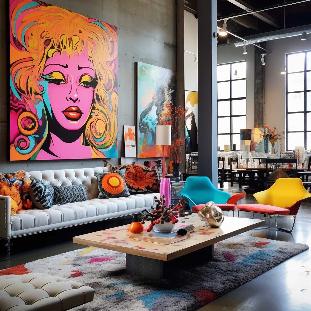 An eclectic urban loft space, featuring bold art pieces, colorful furniture, and a mix of textures and patterns.