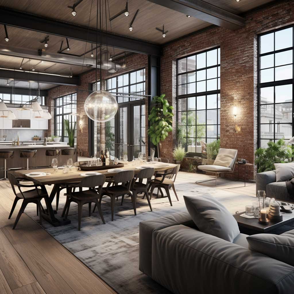 An urban loft space featuring exposed brick walls, large windows, and an open plan living and dining area with industrial-style decor.
