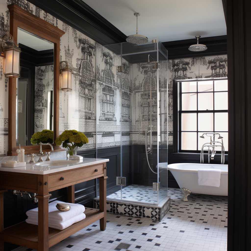 A Victorian-inspired bathroom with a glass-enclosed shower, a modern sink, and monochrome wallpaper.