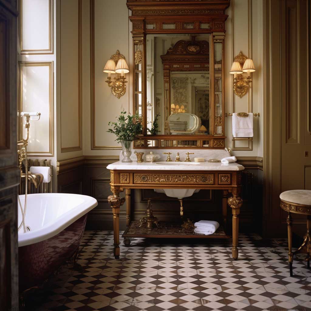 A Victorian-style bathroom with a patterned tile floor, a wooden vanity, and a large gilt mirror.