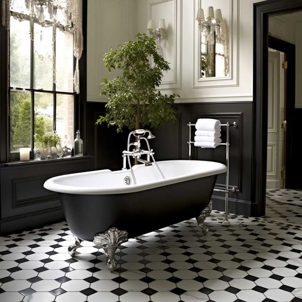 A sophisticated fusion of the past and the present, this bathroom showcases an intricate black and white Victorian tile pattern on the floor. The classic clawfoot tub and traditional fittings add to the timeless charm.