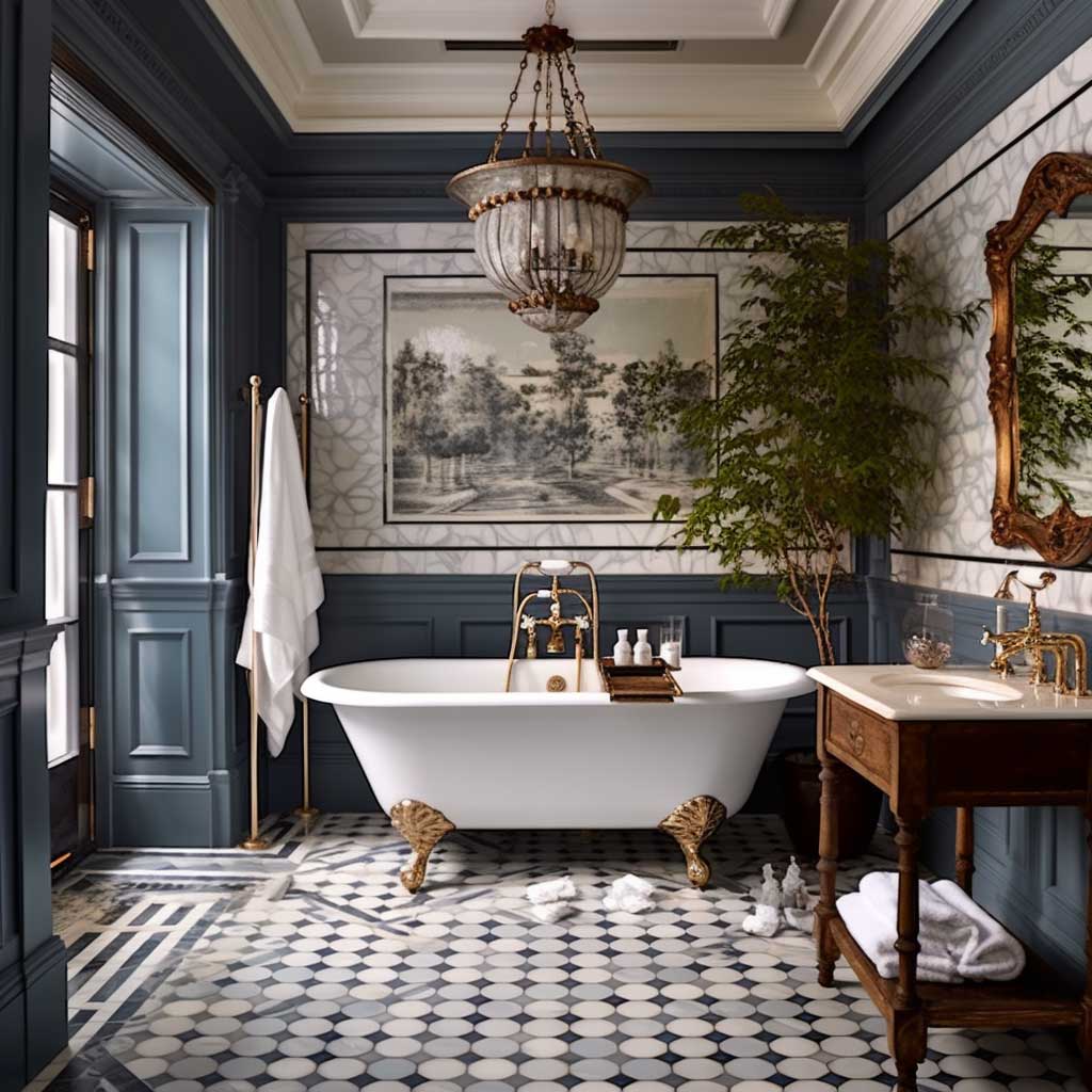 The standout feature of this bathroom is the luxurious Victorian tilework on the walls and floors. Paired with vintage-style fixtures and a classic freestanding tub, the space exudes timeless charm.