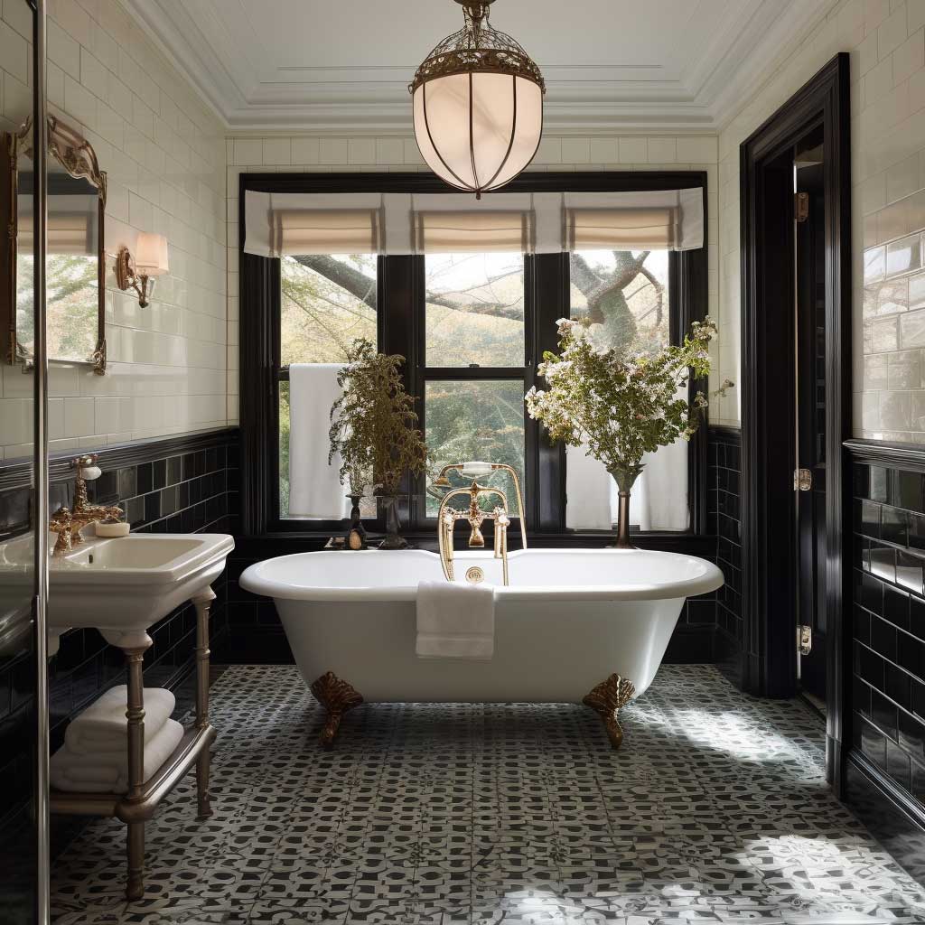 The standout feature of this bathroom is the luxurious Victorian tilework on the walls and floors. Paired with vintage-style fixtures and a classic freestanding tub, the space exudes timeless charm.