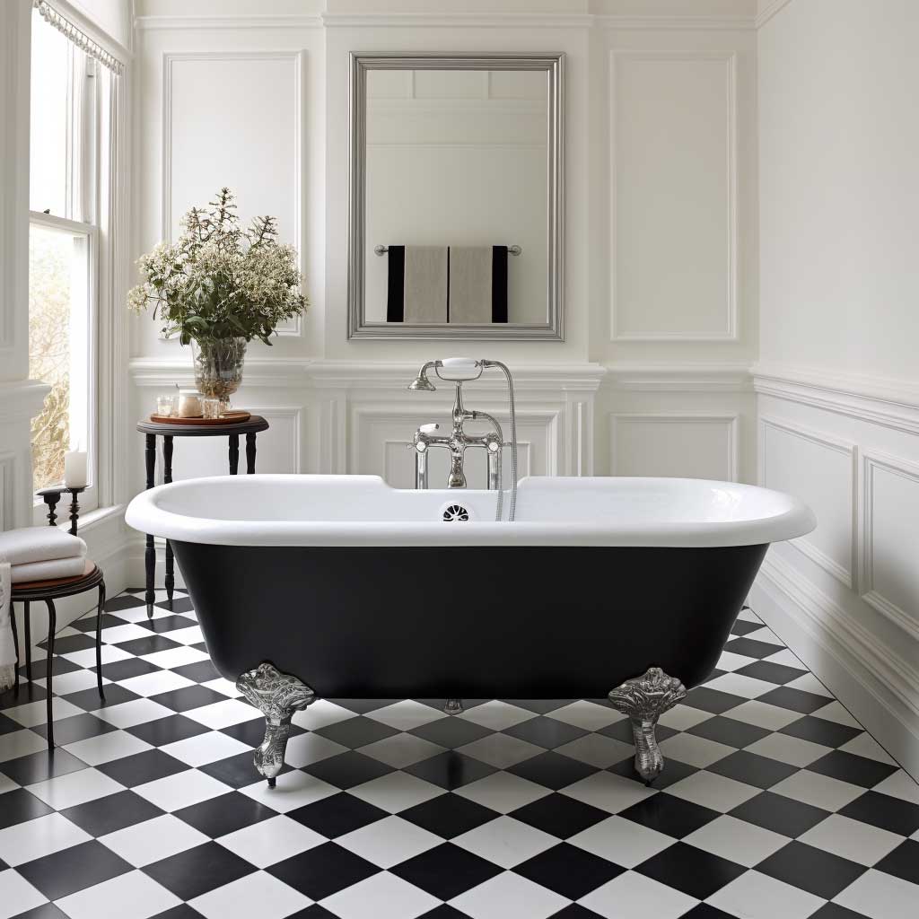 A sophisticated fusion of the past and the present, this bathroom showcases an intricate black and white Victorian tile pattern on the floor. The classic clawfoot tub and traditional fittings add to the timeless charm.