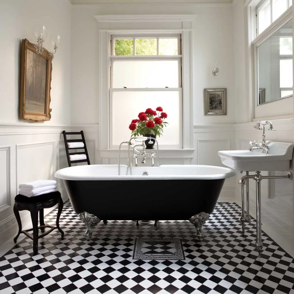 A sophisticated fusion of the past and the present, this bathroom showcases an intricate black and white Victorian tile pattern on the floor. The classic clawfoot tub and traditional fittings add to the timeless charm.