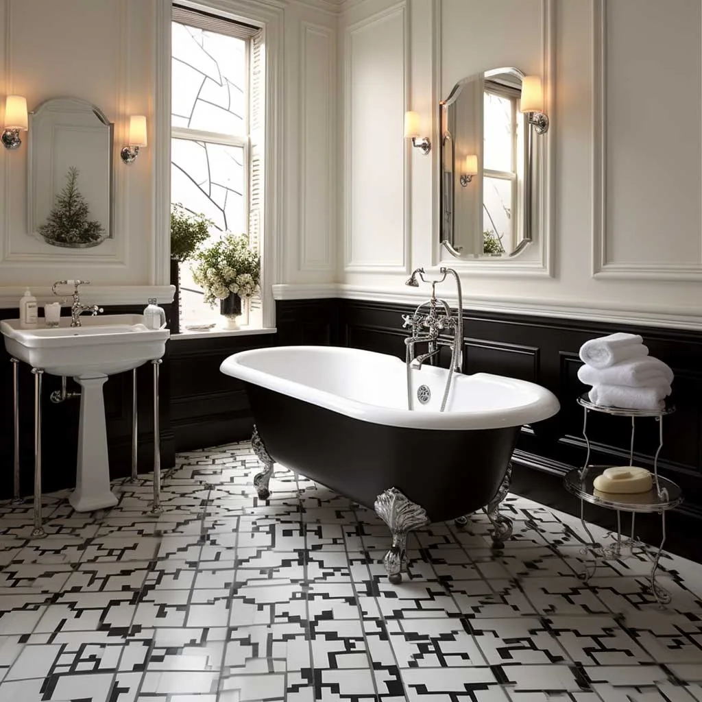 A sophisticated fusion of the past and the present, this bathroom showcases an intricate black and white Victorian tile pattern on the floor. The classic clawfoot tub and traditional fittings add to the timeless charm.