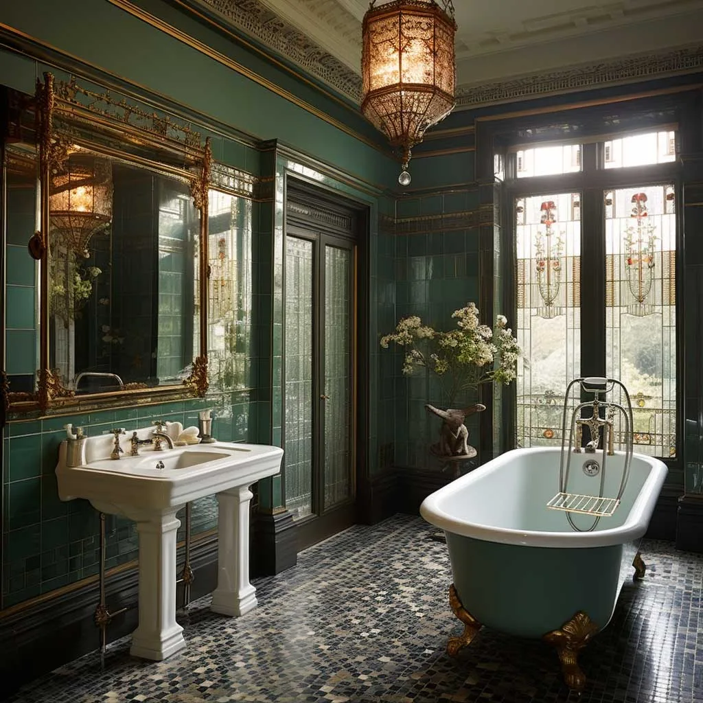 In this bathroom, Victorian elegance is beautifully preserved. A stunning focal point is created with an elaborate tiled wall, while modern amenities offer contemporary comfort without disrupting the vintage appeal.