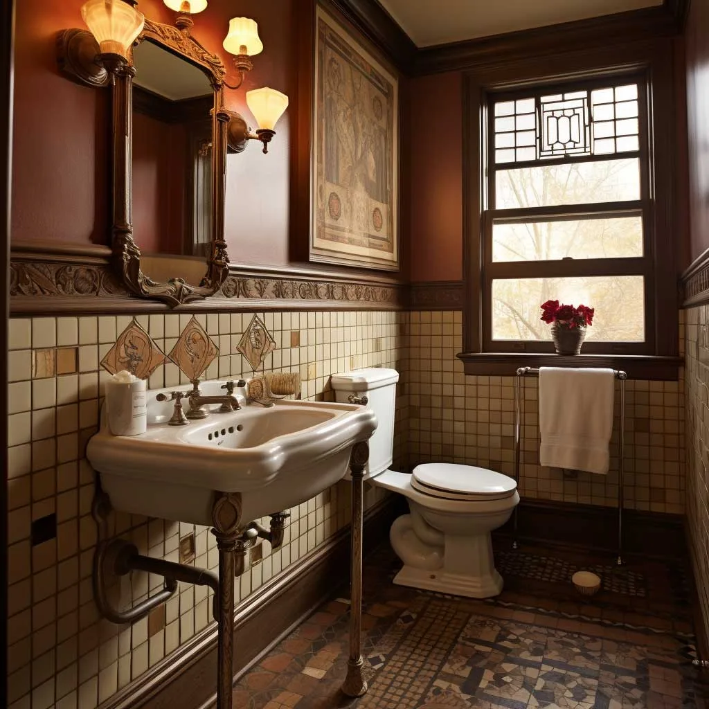 In this bathroom, Victorian elegance is beautifully preserved. A stunning focal point is created with an elaborate tiled wall, while modern amenities offer contemporary comfort without disrupting the vintage appeal.