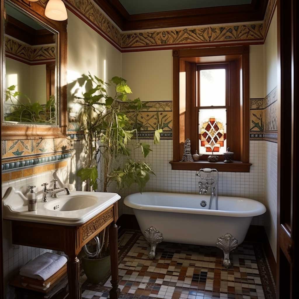 In this bathroom, Victorian elegance is beautifully preserved. A stunning focal point is created with an elaborate tiled wall, while modern amenities offer contemporary comfort without disrupting the vintage appeal.
