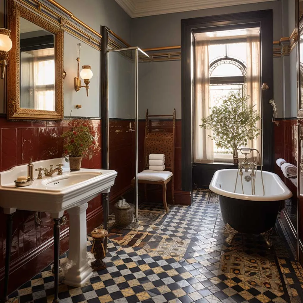 In this bathroom, Victorian elegance is beautifully preserved. A stunning focal point is created with an elaborate tiled wall, while modern amenities offer contemporary comfort without disrupting the vintage appeal.