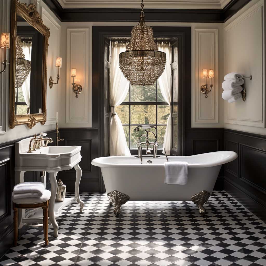 The standout feature of this bathroom is the luxurious Victorian tilework on the walls and floors. Paired with vintage-style fixtures and a classic freestanding tub, the space exudes timeless charm.