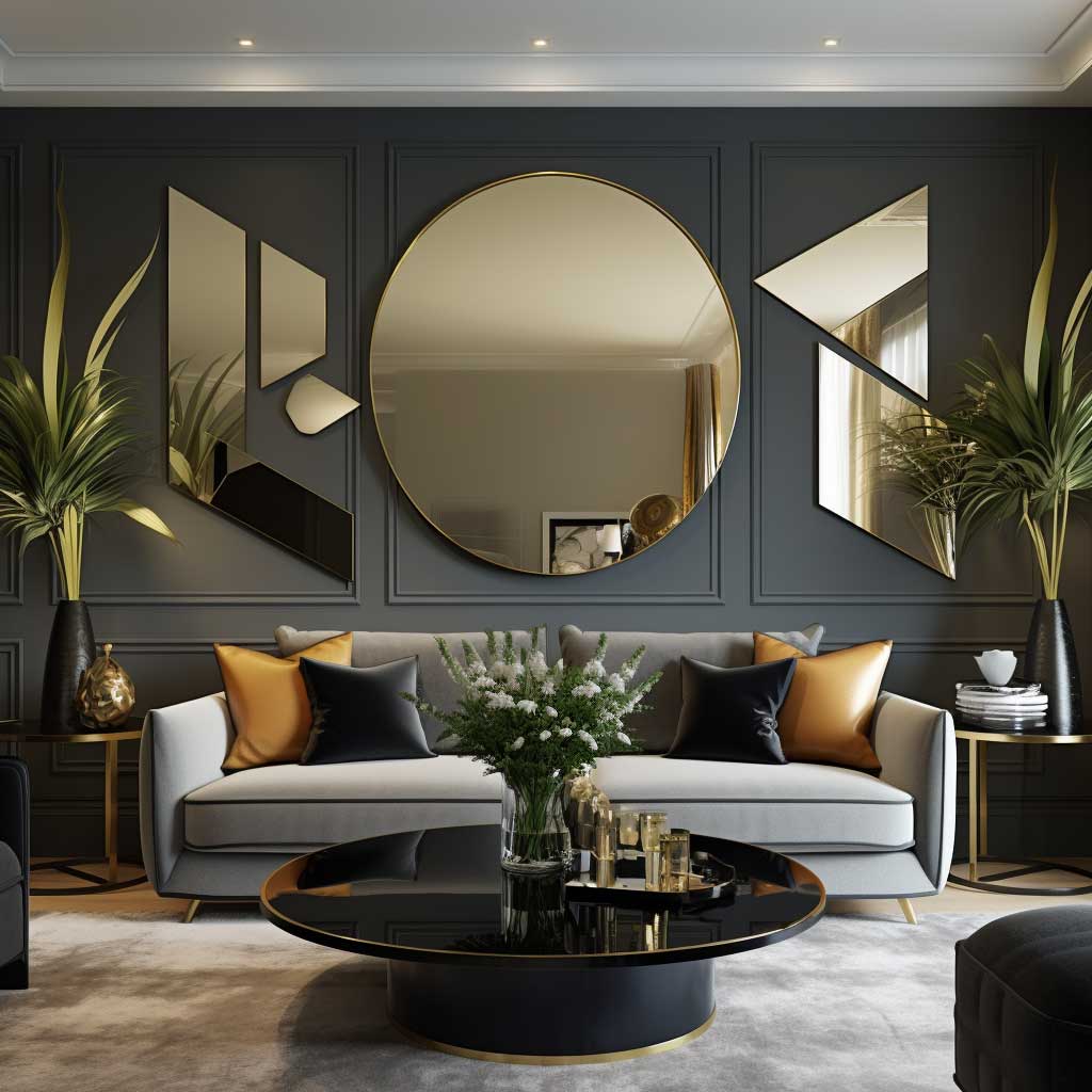 An image showcasing the timeless elegance and functionality of using mirrors as a part of wall decoration ideas for living rooms.