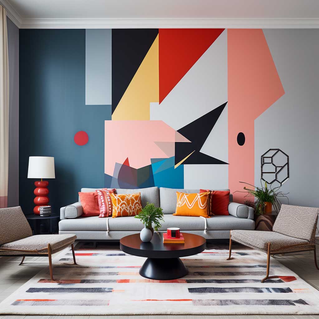 A striking living room featuring a bold geometric wall design, paired with minimalist furniture and vibrant color accents.